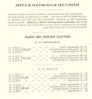 Listing of time tables for Maryville's two railroads, the Wabash and Burlington.