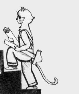 Bobby appears in a 1960 newspaper article wearing overalls and carrying builder plans and a slide ruler.  His appearance is very much cartoon and domestic cat-like.