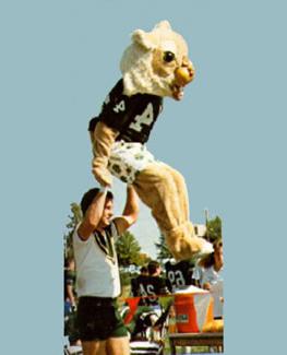 Bobby Bearcat demonstrates his athletic process at a 1988 football game.